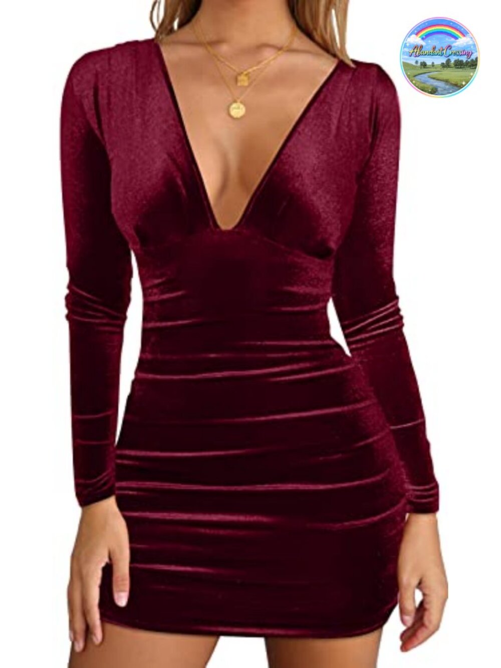 Women's Velvet Long Sleeve V Neck Bodycon Mini Party Dress